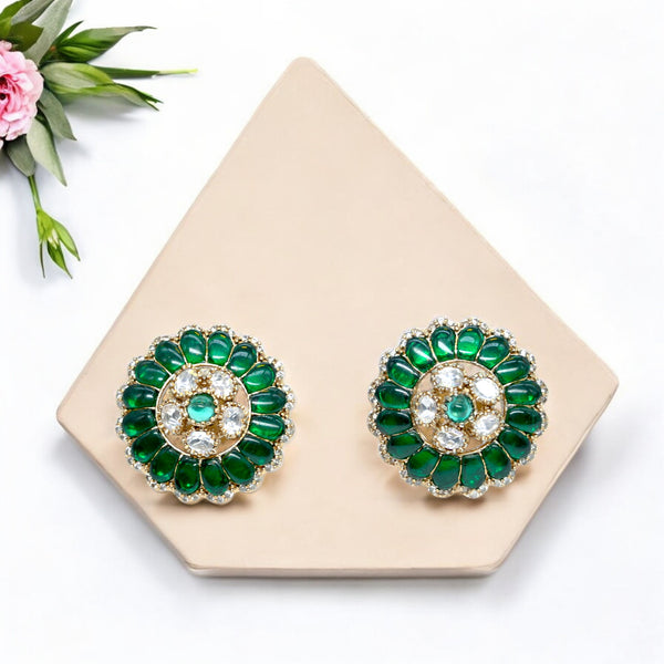 Gold-Plated Floral Stud Earrings with Emerald Green and Crys