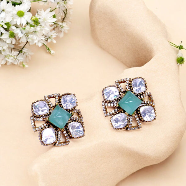 Gold-Plated Square Stud Earrings with Mint Green and Crystal