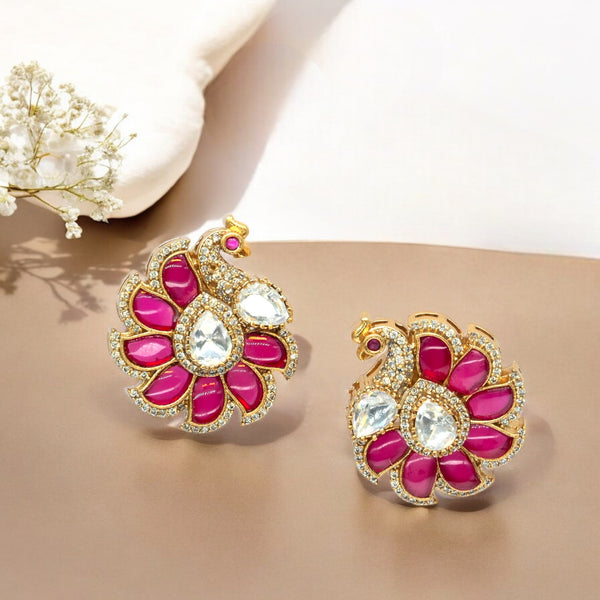 Gold-Plated Peacock Design Earrings with Ruby and Crystal Ac