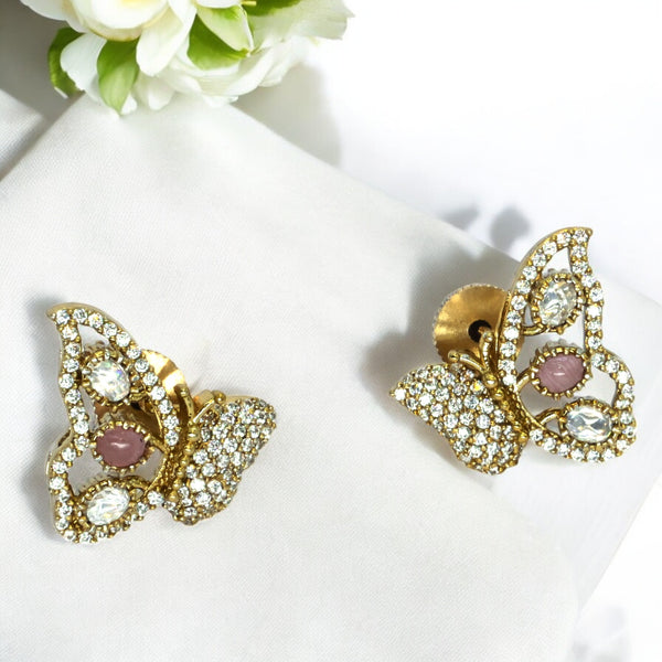 Gold-Plated Butterfly Design Earrings with Pink and Crystal