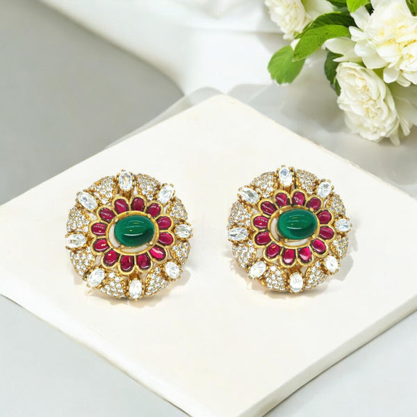 Gold-Plated Floral Stud Earrings with Emerald and Ruby Pink