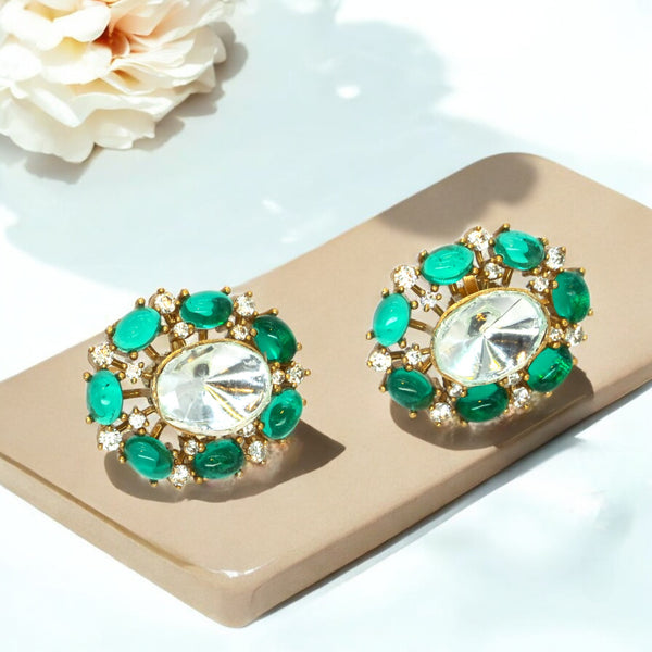 Gold-Plated Oval Stud Earrings with Emerald Green and Crysta