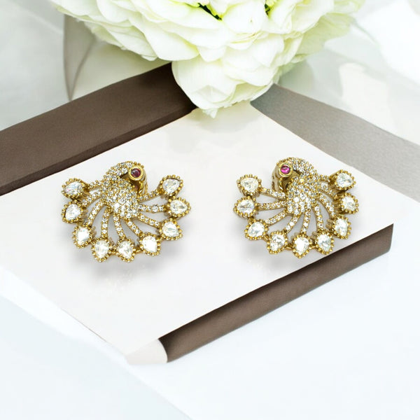 Gold-Plated Peacock Design Earrings with Crystal Accents