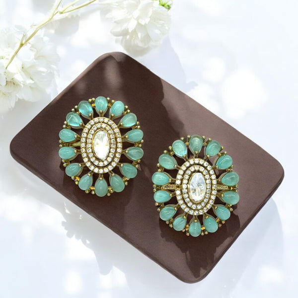 Gold-Plated Oval Stud Earrings with Aqua Blue and Crystal Ac