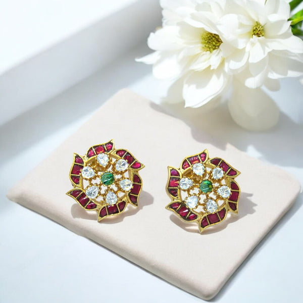 Gold-Plated Floral Stud Earrings with Ruby and Emerald Accen