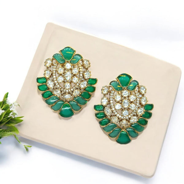 Gold-Plated Leaf-Shaped Earrings with Mint Green and Crystal