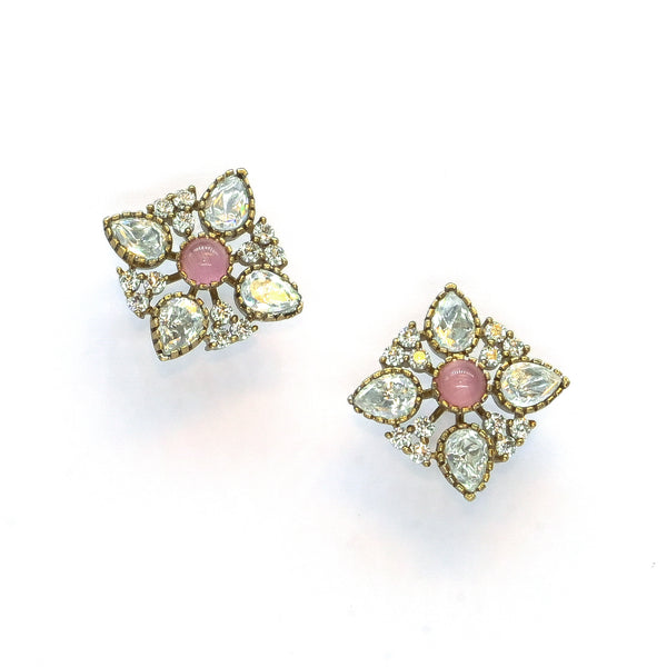 Gold-Plated Floral Stud Earrings with Pink and Crystal Accen