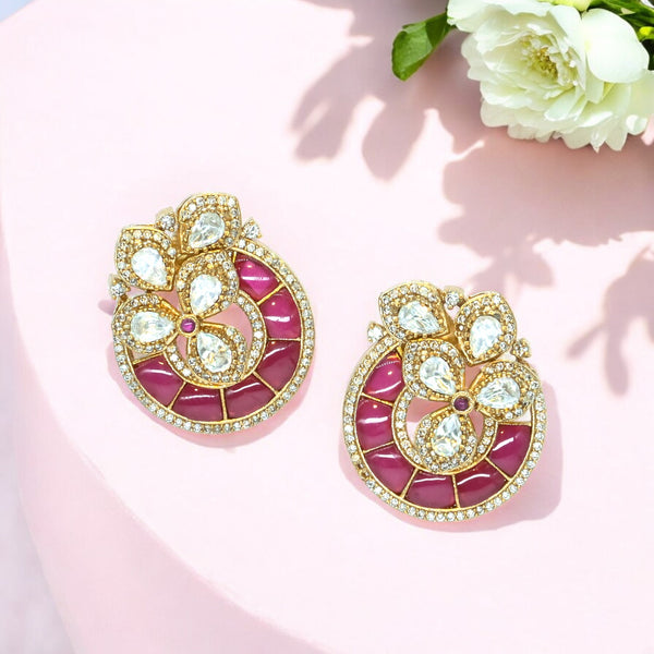 Luxurious Gold-Plated Floral Drop Earrings with Ruby Accents