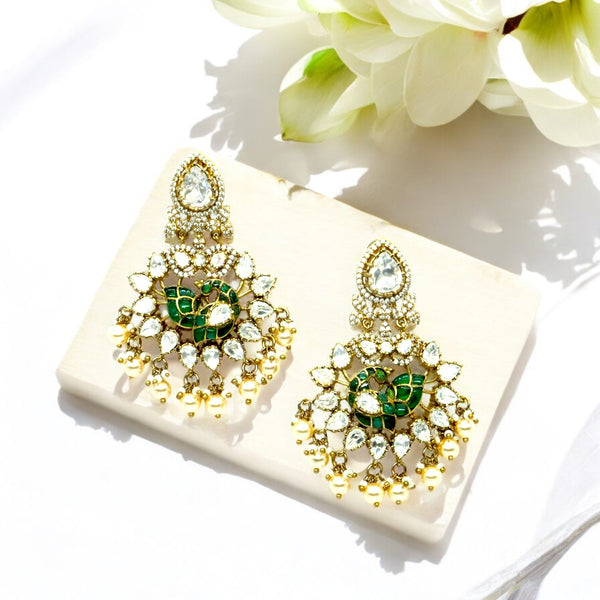 Gold-Plated Kundan and Ruby Chandelier Earrings with Pearl D