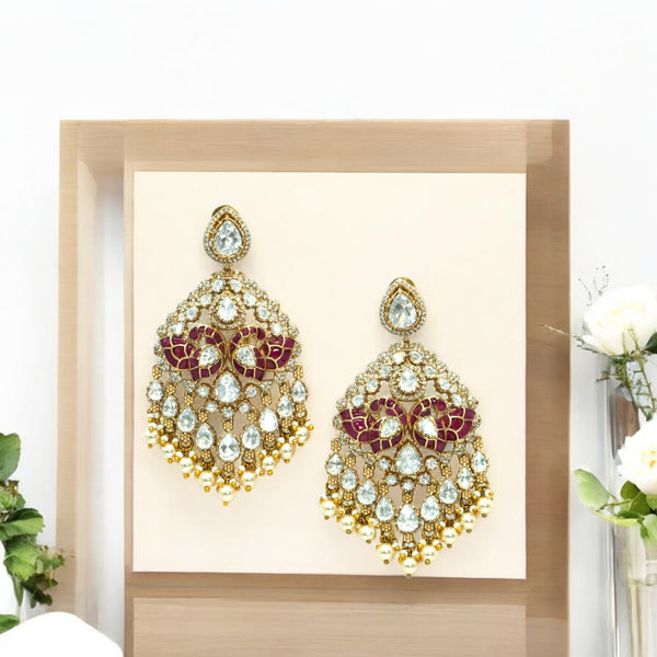 Royal Kundan Chandbali Earrings with Red Enamel and Pearl Dr