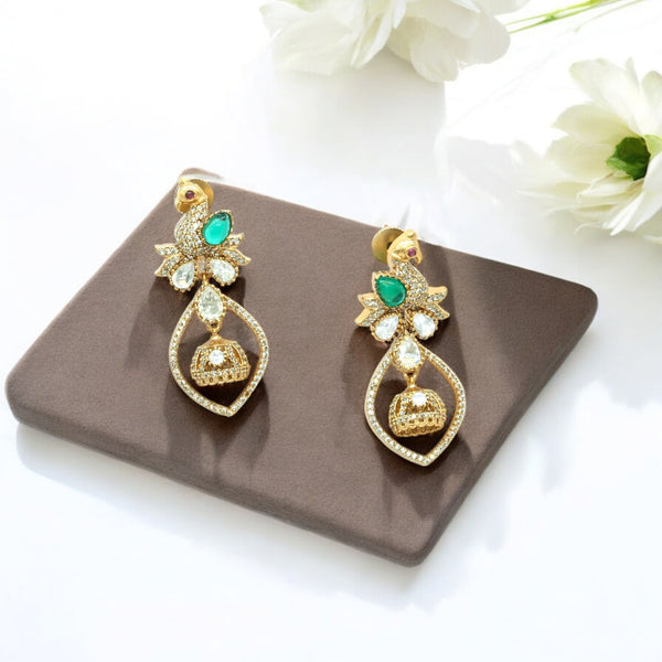 Gold-Plated Peacock Motif Kundan Drop Earrings with Green Ac
