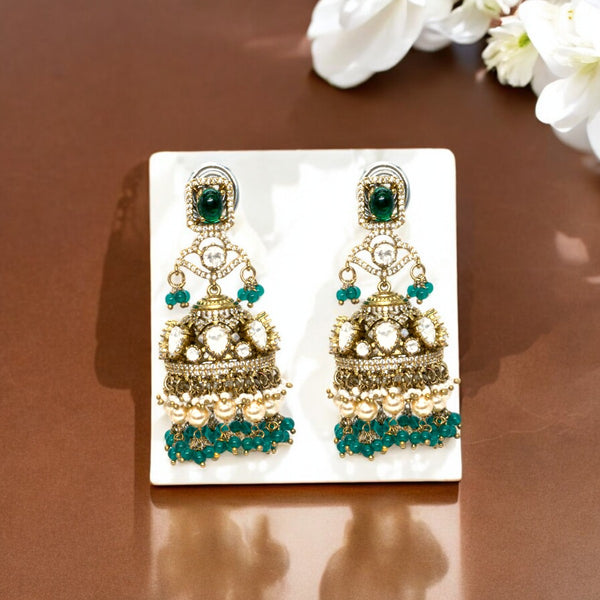 Royal Green and Pearl Jhumka Earrings with Crystal Accents