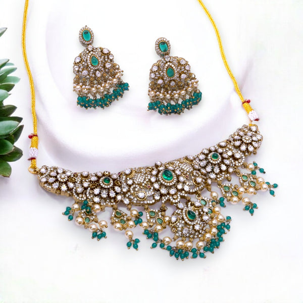 Gold-Plated Pearl and Emerald Choker Necklace Set with Matching Earrings