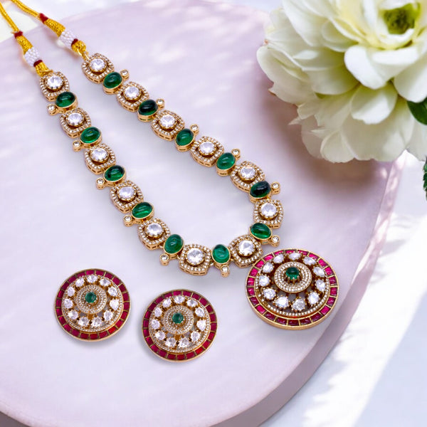 Gold-Plated Circular Pendant Necklace Set with Green and Ruby Accents