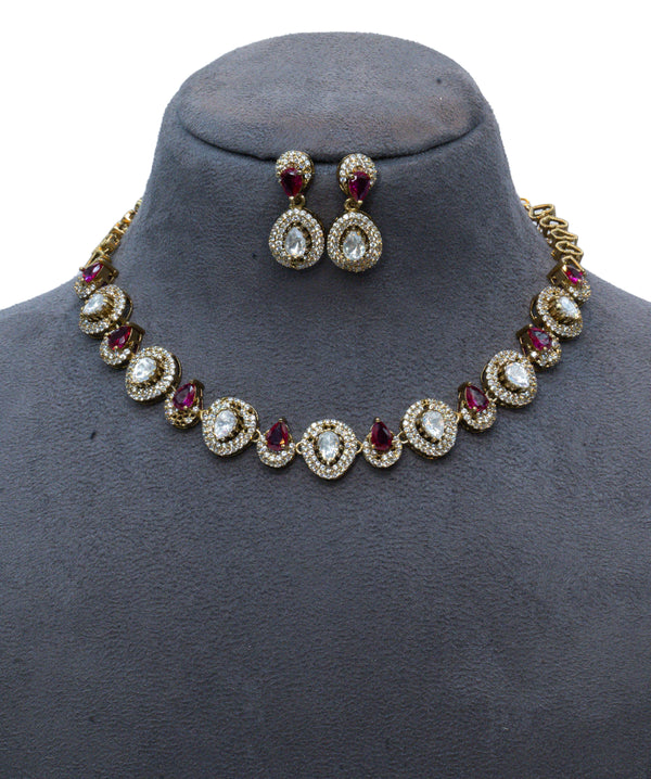 Gold-Plated Ruby & Zirconia Teardrop Bridal Necklace Set