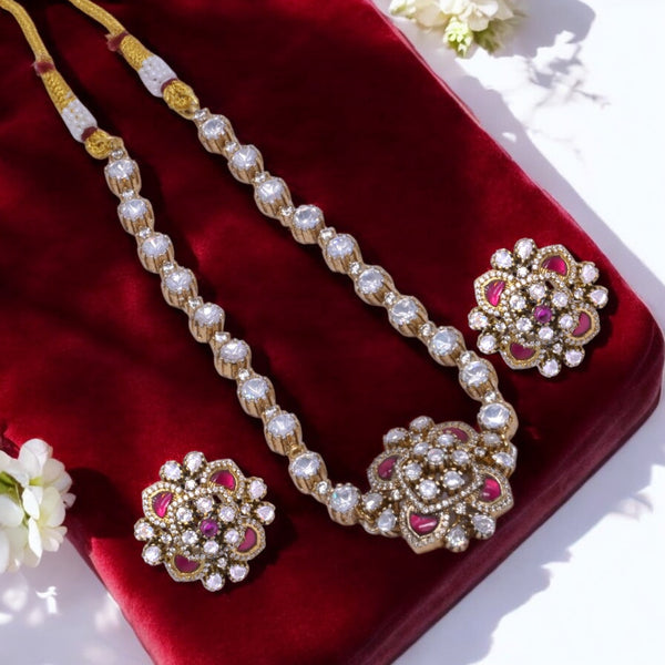 Gold-Plated Floral Necklace Set with Ruby and Cubic Zirconia Accents