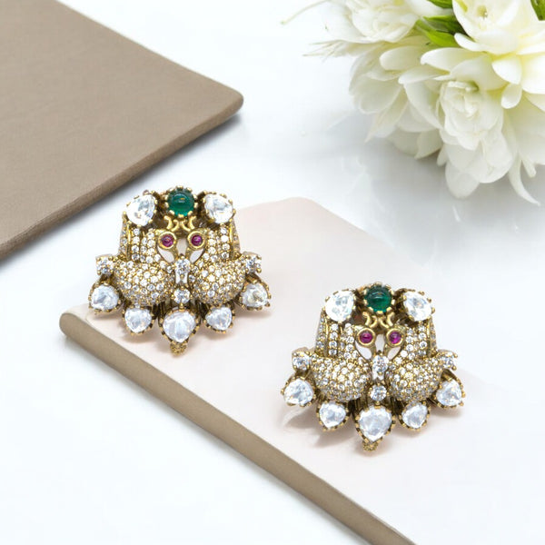 Gold-Plated Owl Design Earrings with Crystal and Ruby Accent