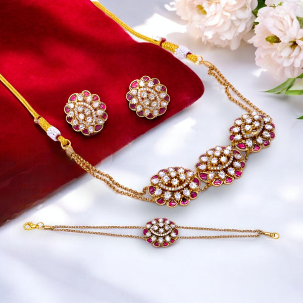 Traditional Gold-Plated Necklace Set with Matching Bracelet and Earrings - Handcrafted Floral Design with Ruby & Pearl Accents