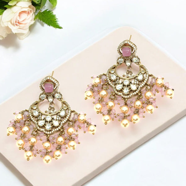 Antique Gold-Plated Chandbali Earrings with Pearl and Pink B