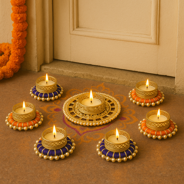 Orange & Blue Pearl Bangle Tealight Candle Holder Set of 7 with Sunshine Pearl Holder – Decorative Diya for Diwali, Wedding, Pooja, Festivals