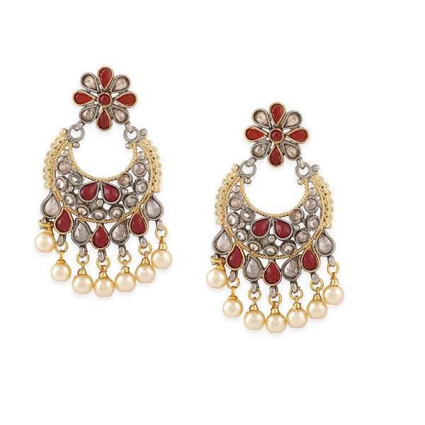 Gold & Silver-Tone Floral Chandelier Earrings with Red Accents & Pearl Drops