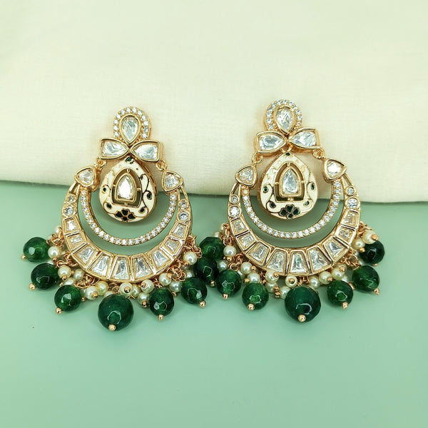 Statement  Meenakari Polki Ruby Green Chandbali Earrings with Pearl Drops