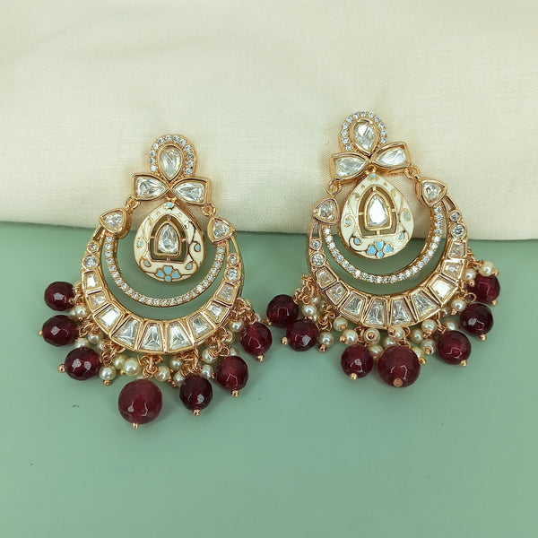 Statement  Meenakari Polki Ruby Marron Chandbali Earrings with Pearl Drops
