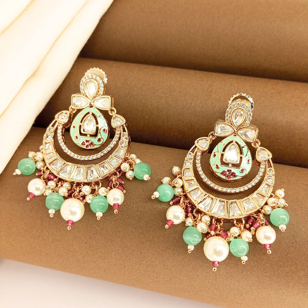 Statement  Meenakari Polki Ruby Mint Green Chandbali Earrings with Pearl Drops