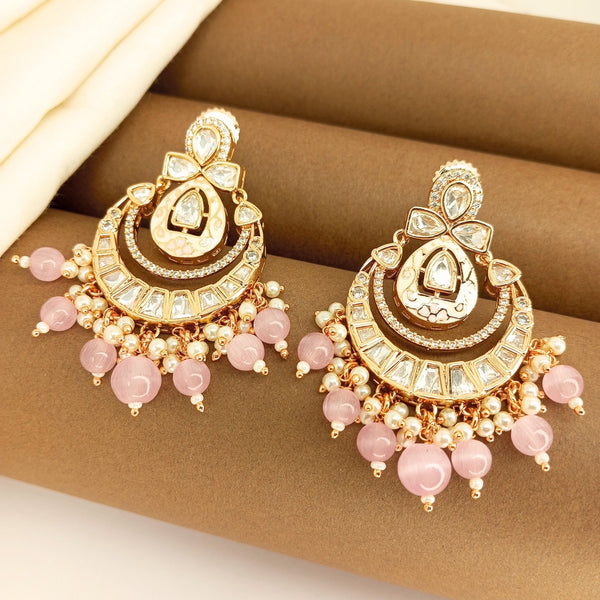 Statement  Meenakari Polki Ruby Pink Chandbali Earrings with Pearl Drops
