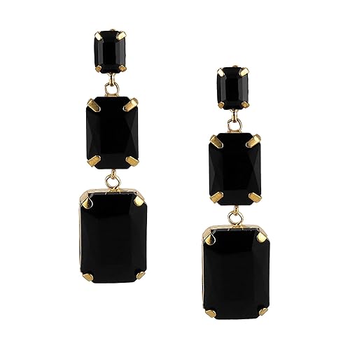 Triple Emerald‑Cut Black Stone Drop Earrings | Gold‑Tone Statement Dangler