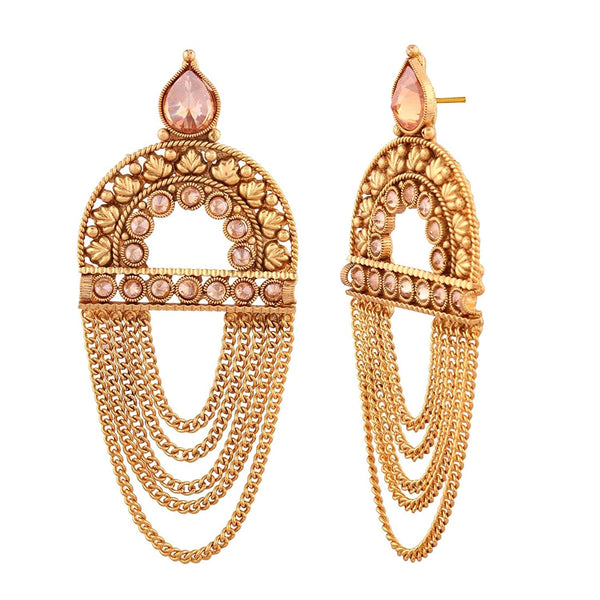 Gold-Plated Arch Statement Earrings with Pink Crystal Accents & Chain Tassels