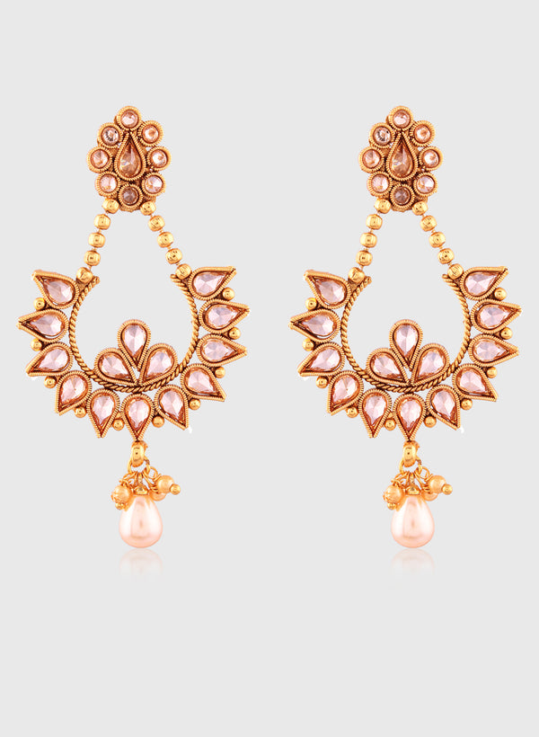 Gold-Plated Pink Stone Chandbali Earrings with Pearl Drop