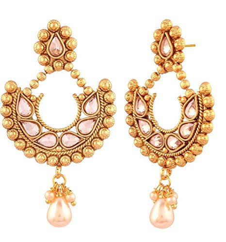 Gold-Plated Chandbali Earrings with Pink Kundan Stones & Pearl Drops