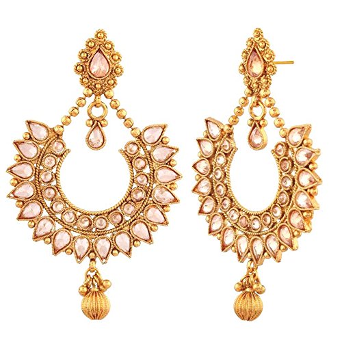 Gold-Plated Pink-Stone Chandbali Earrings with Jhumka Drop