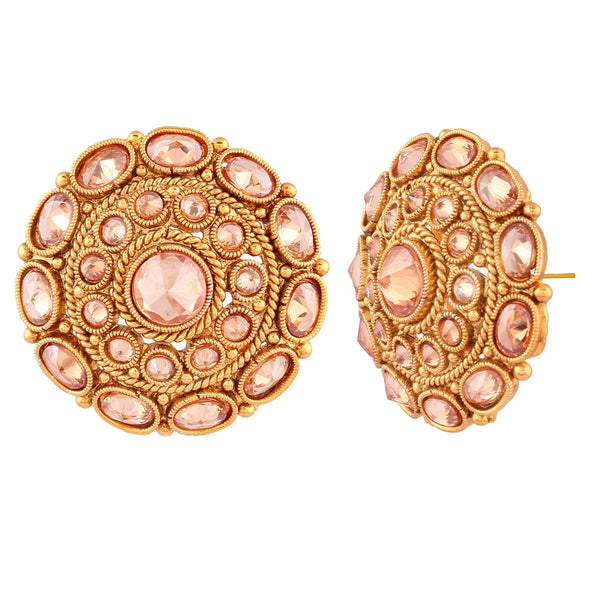 Grand Gold-Tone Circular Stud Earrings with Radiant Rose Crystal Accents