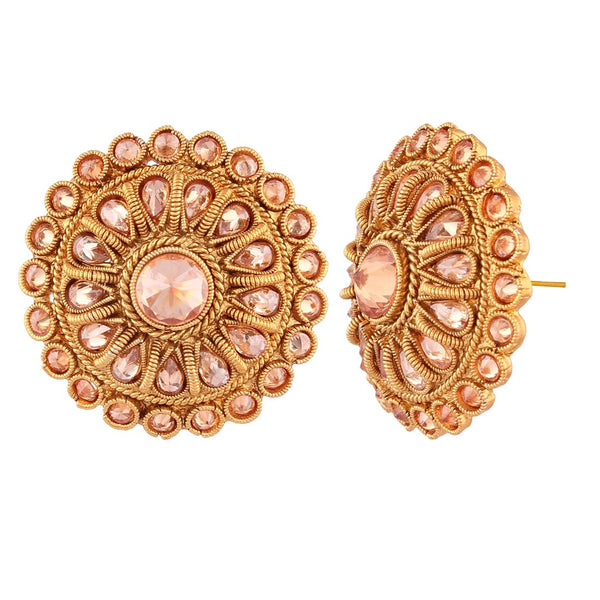 Gold-Tone Filigree Round Stud Earrings with Blush Crystal Accents