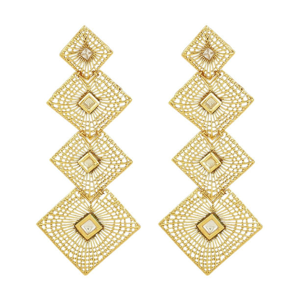 Geometric Filigree Cascade Earrings | Gold‑Plated Kundan Squares