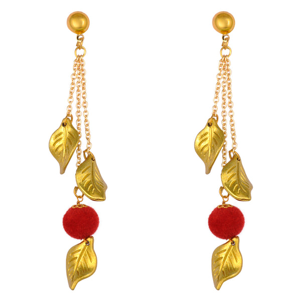 Golden Leaf Dangle Earrings with Red Pom-Pom