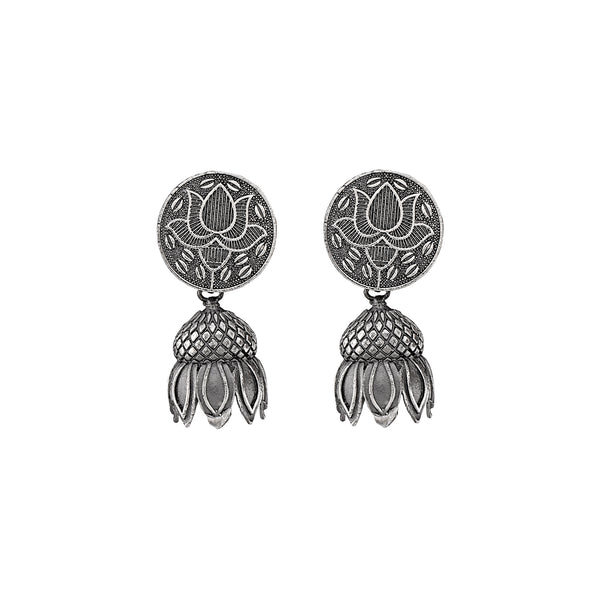 Oxidized Lotus Drop Earrings | Antique-Style Floral Statement Jewelry