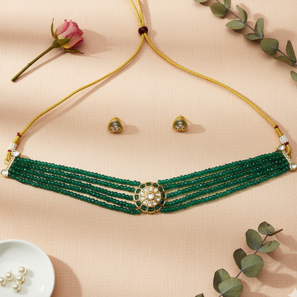 Iksava Premium Emerald Crystal Beads Multi-Strand Choker Set Kundan for Women