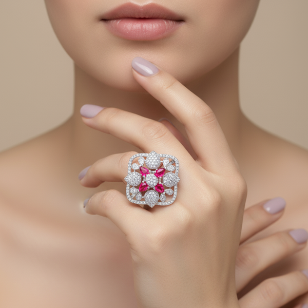 Iksava Silver Plated American Diamonds Studded Square Shape Statement Floral Cocktail Finger Ring for Women