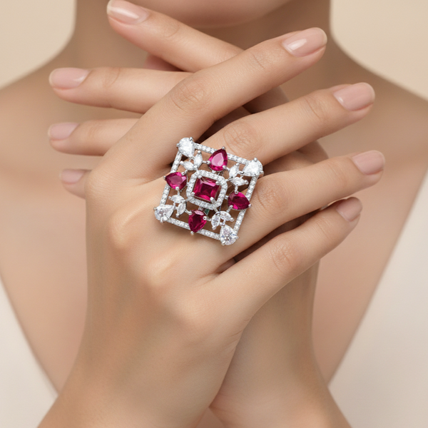 Iksava Premium American Diamonds Studded Statement Square Finger Ring for Women