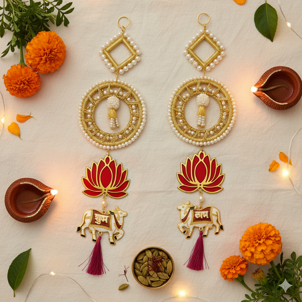 Shubh Labh Toran with Pearl, Lotus & Cow Motifs, Decorative Multi-Layer Door Hanging with Tassels for Diwali, Wedding & Festive Wall Décor