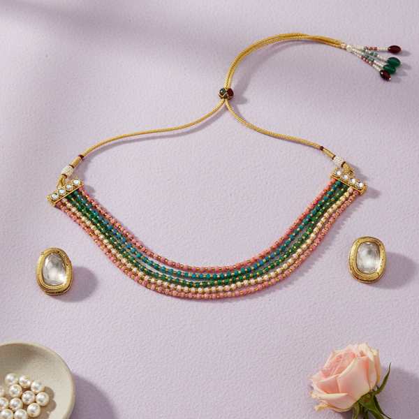 Iksava Premium Crystal Beads Multicolour Choker Set with Earrings for Women