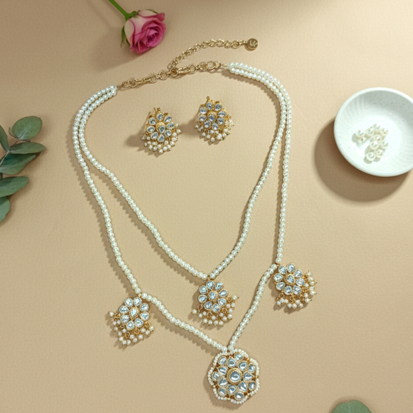 Iksava Premium Double Layer Pearl Necklace and Earrings Set with Jadau Kundan Pendant for Women