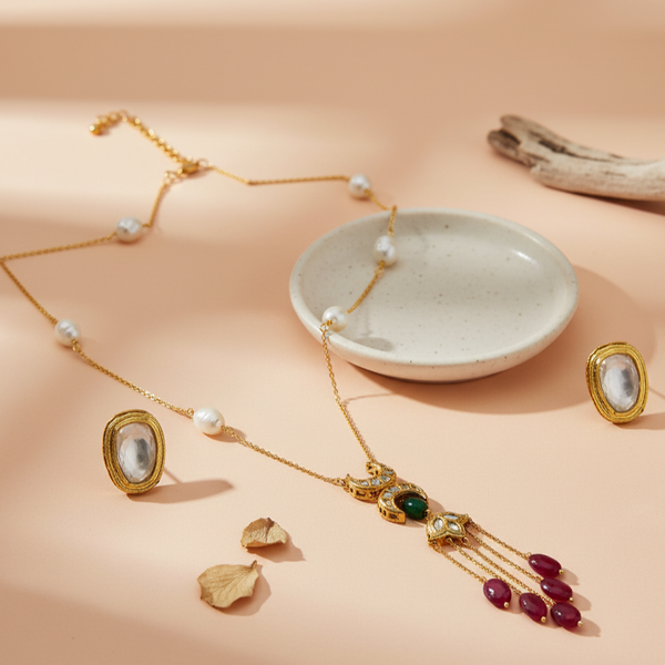 Iksava Elegant Kundan Studded Moon Shaped Pendant with Red Ruby Drops Chain Necklace & Earrings for Women