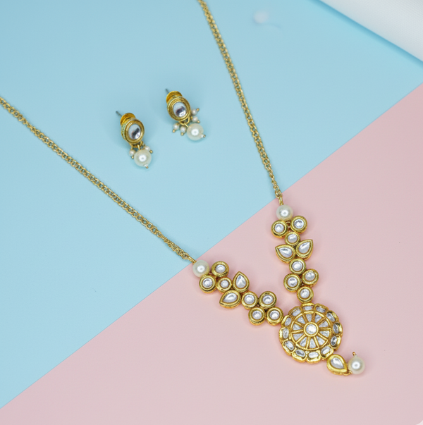 Iksava Gold Plated Traditional Kundan & Pearl Chain Necklace with Earrings for Women