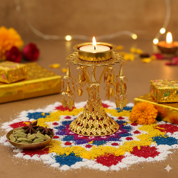 Decorative Candle Holders with Hanging Embellishments | Decorative Metal Tealight Holders for Diwali, Pooja, Weddings & Home Décor (1)