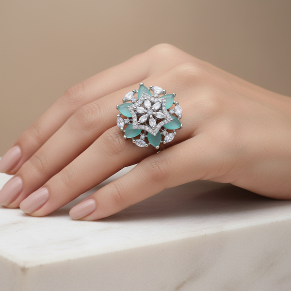 Iksava Silver Plated American Diamonds Studded Statement Floral Cocktail Ring for Women