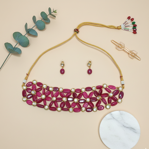 Iksava Ruby Red Beads Statement Choker Set with Drop Earringsfor Women